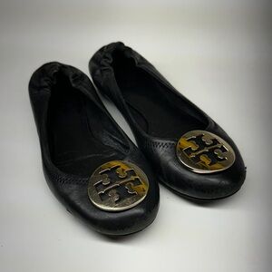Tory Burch Black Leather Flats with Gold Emblem